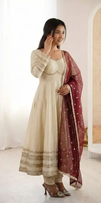 ZF 5017 Off White Cosmos Gold Gown with Embroidery Work & Lace Work. Get it for ₹2099. Delivery 4-6 Working Days. Shop now. | Bollywood Gowns, Creative Gowns, Designer Gowns, Embroidered Gowns, Gowns, Party Wear Gowns