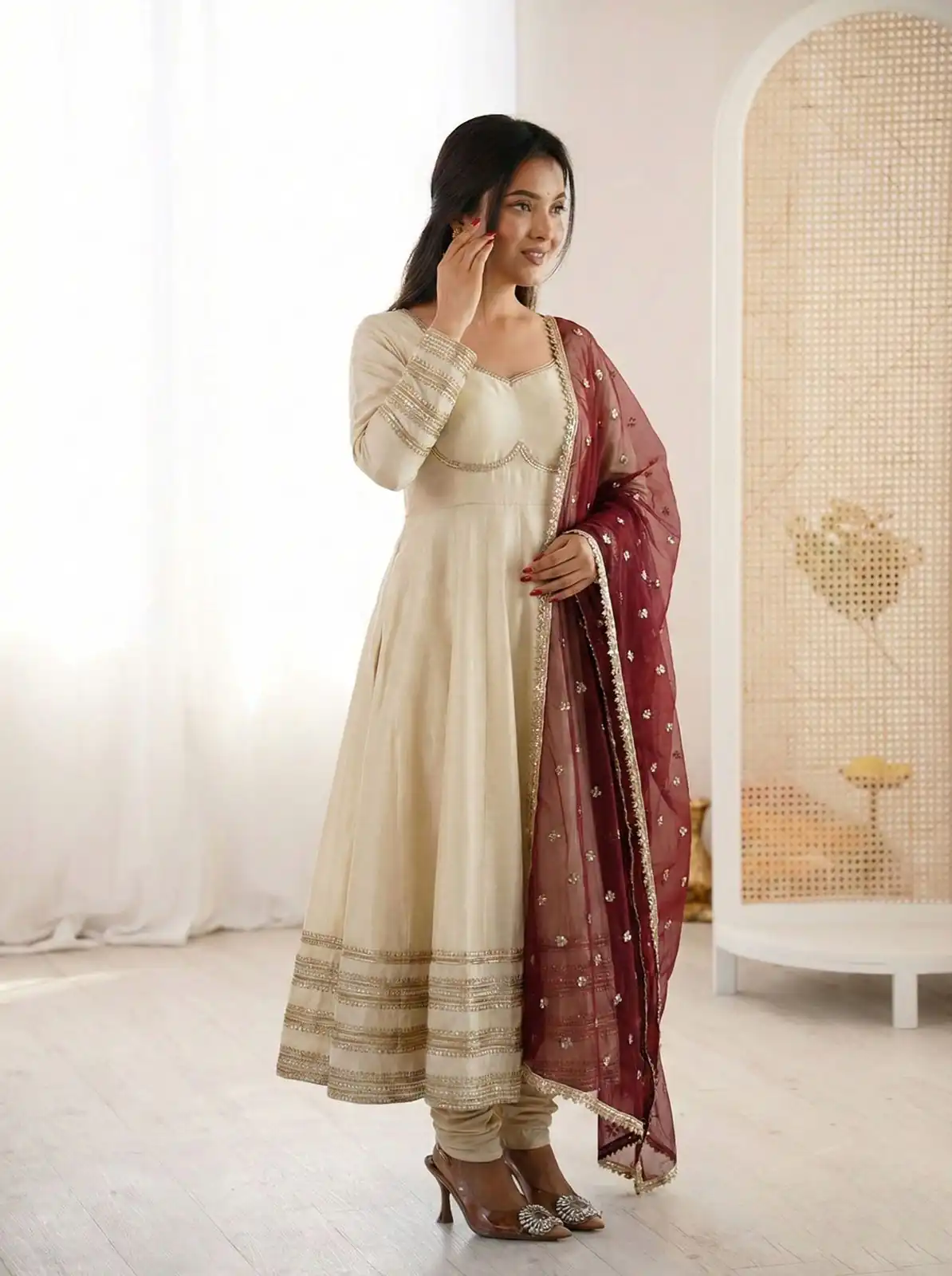 ZF 5017 Off White Cosmos Gold Gown with Embroidery Work & Lace Work. Get it for ₹2099. Delivery 4-6 Working Days. Shop now. | Bollywood Gowns, Creative Gowns, Designer Gowns, Embroidered Gowns, Gowns, Party Wear Gowns