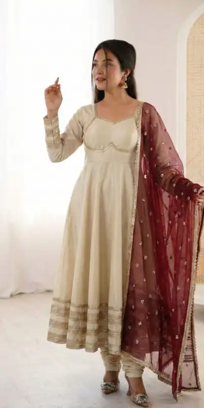 ZF 5017 Off White Cosmos Gold Gown with Embroidery Work & Lace Work. Get it for ₹2099. Delivery 4-6 Working Days. Shop now. | Bollywood Gowns, Creative Gowns, Designer Gowns, Embroidered Gowns, Gowns, Party Wear Gowns