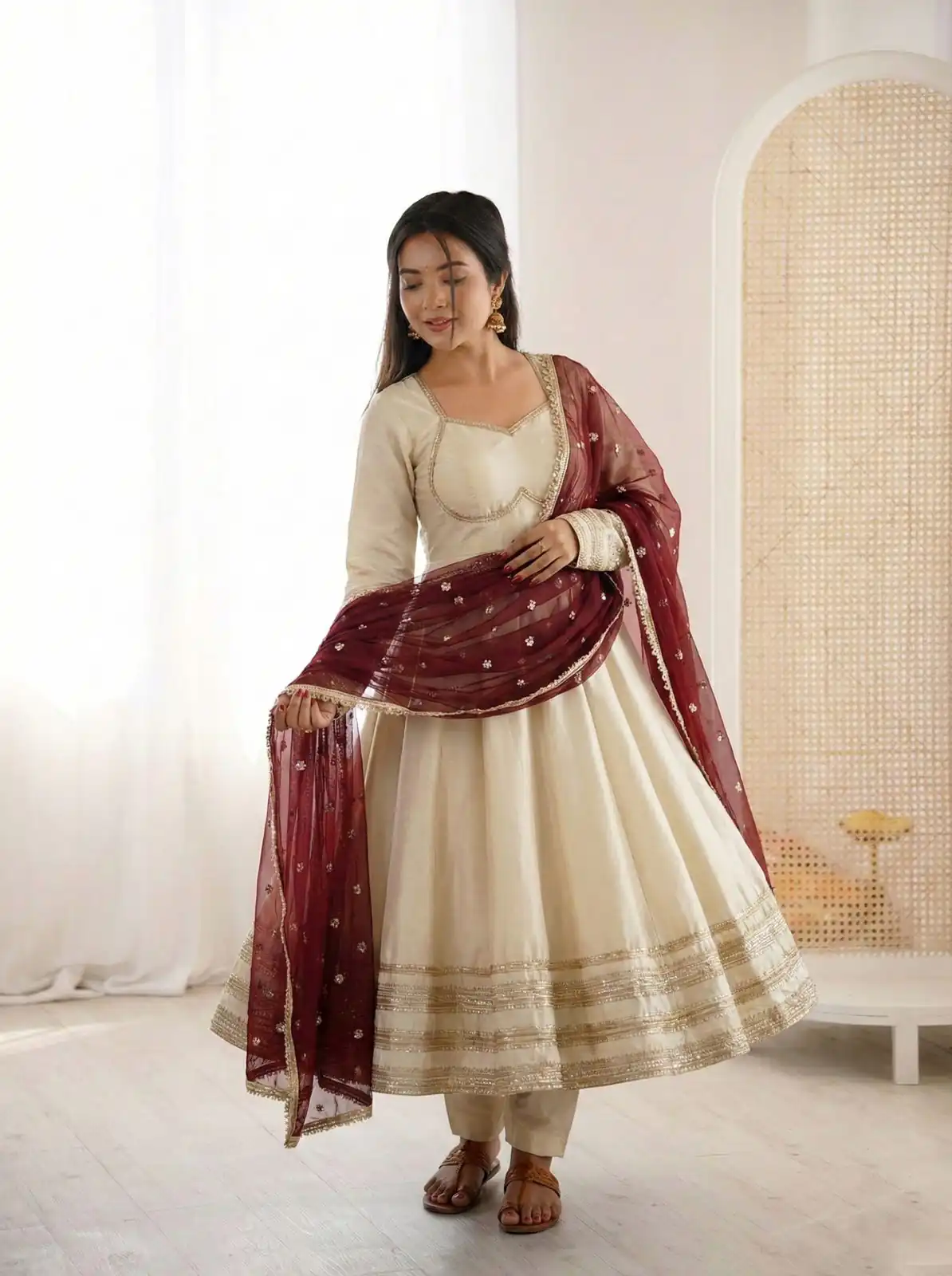 ZF 5017 Off White Cosmos Gold Gown with Embroidery Work & Lace Work. Get it for ₹2099. Delivery 4-6 Working Days. Shop now. | Bollywood Gowns, Creative Gowns, Designer Gowns, Embroidered Gowns, Gowns, Party Wear Gowns