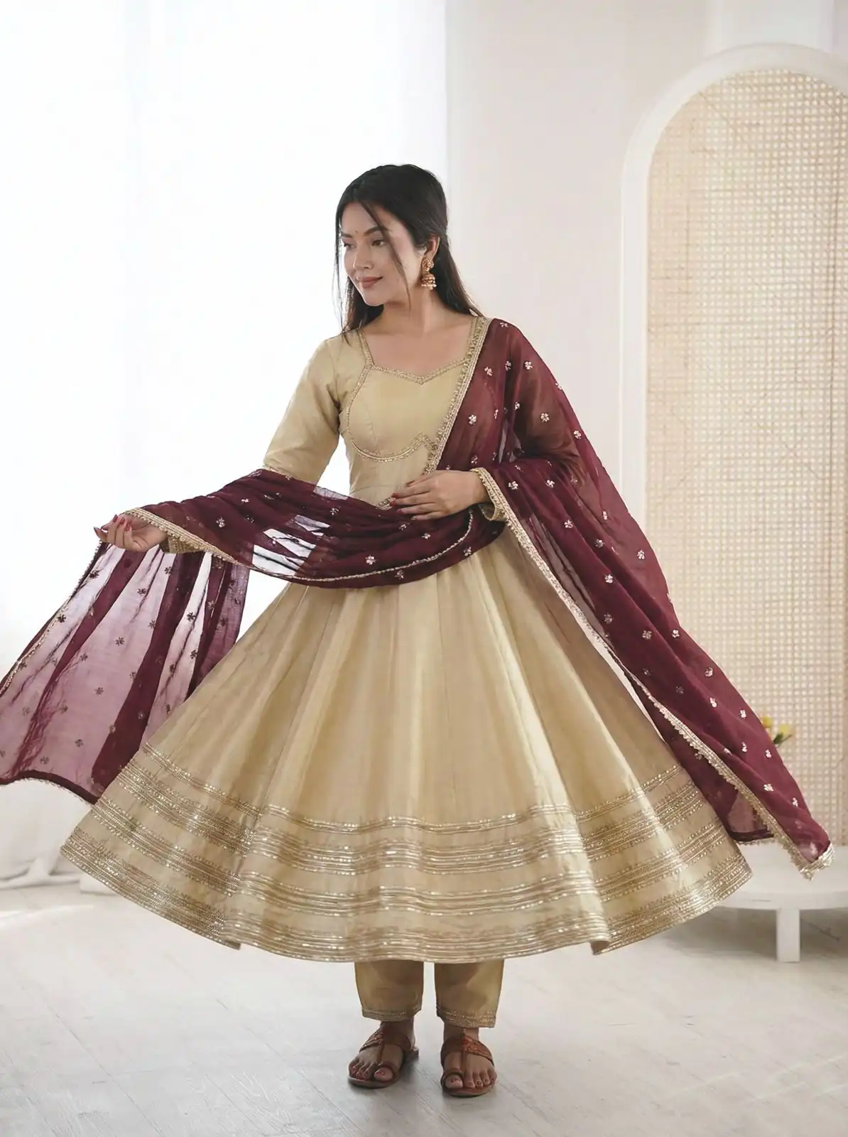 ZF 5017 Off White Cosmos Gold Gown with Embroidery Work & Lace Work. Get it for ₹2099. Delivery 4-6 Working Days. Shop now. | Bollywood Gowns, Creative Gowns, Designer Gowns, Embroidered Gowns, Gowns, Party Wear Gowns