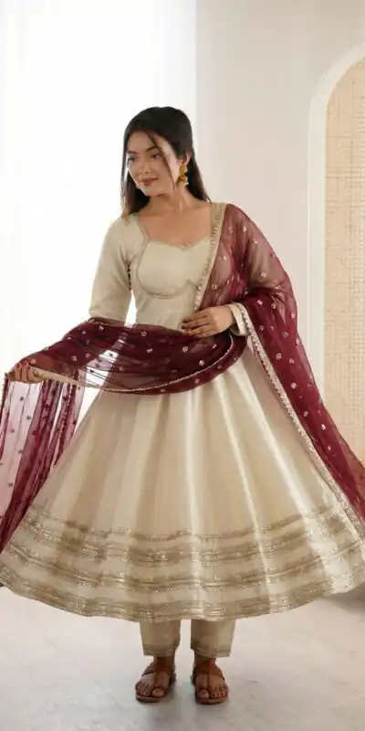 ZF 5017 Off White Cosmos Gold Gown with Embroidery Work & Lace Work. Get it for ₹2099. Delivery 4-6 Working Days. Shop now. | Bollywood Gowns, Creative Gowns, Designer Gowns, Embroidered Gowns, Gowns, Party Wear Gowns