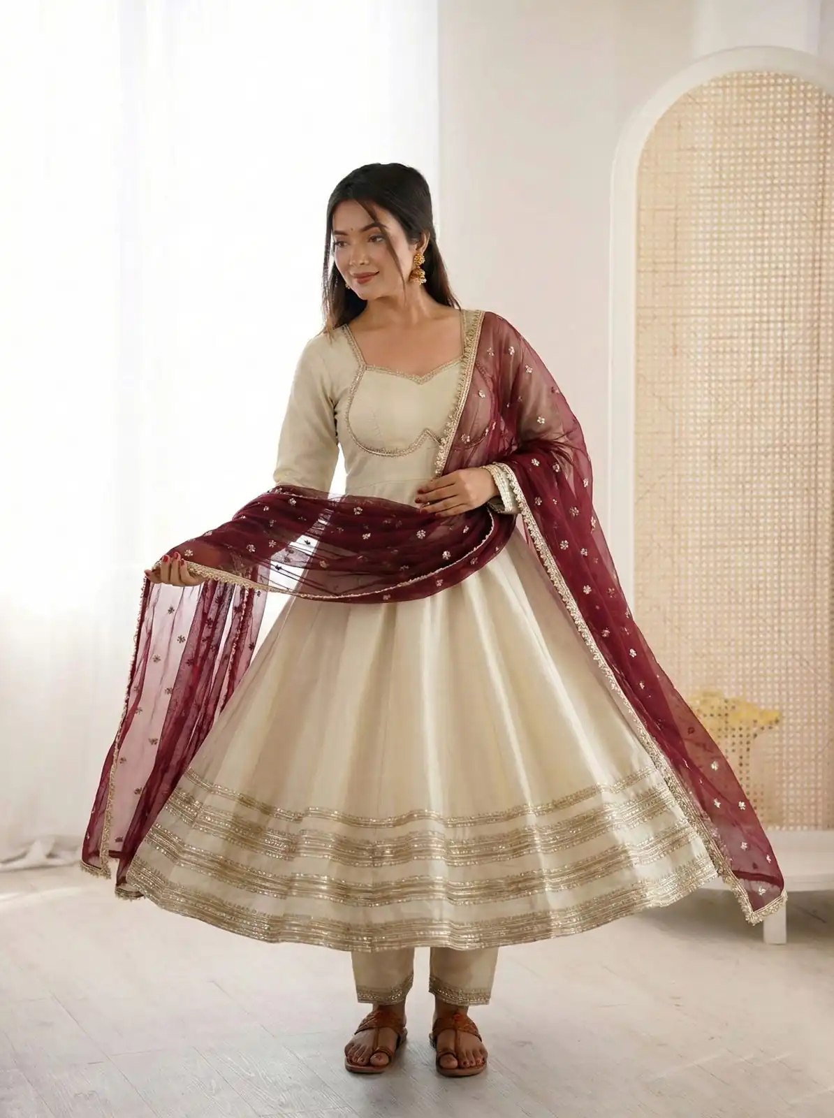 ZF 5017 Off White Cosmos Gold Gown with Embroidery Work & Lace Work. Get it for ₹2099. Delivery 4-6 Working Days. Shop now. | Bollywood Gowns, Creative Gowns, Designer Gowns, Embroidered Gowns, Gowns, Party Wear Gowns