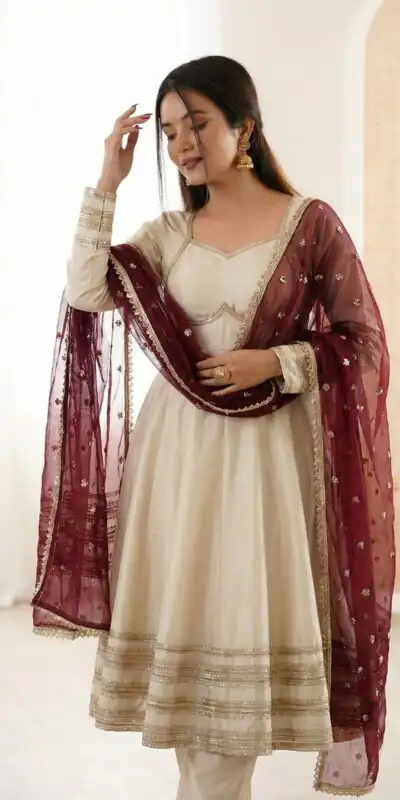 ZF 5017 Off White Cosmos Gold Gown with Embroidery Work & Lace Work. Get it for ₹2099. Delivery 4-6 Working Days. Shop now. | Bollywood Gowns, Creative Gowns, Designer Gowns, Embroidered Gowns, Gowns, Party Wear Gowns