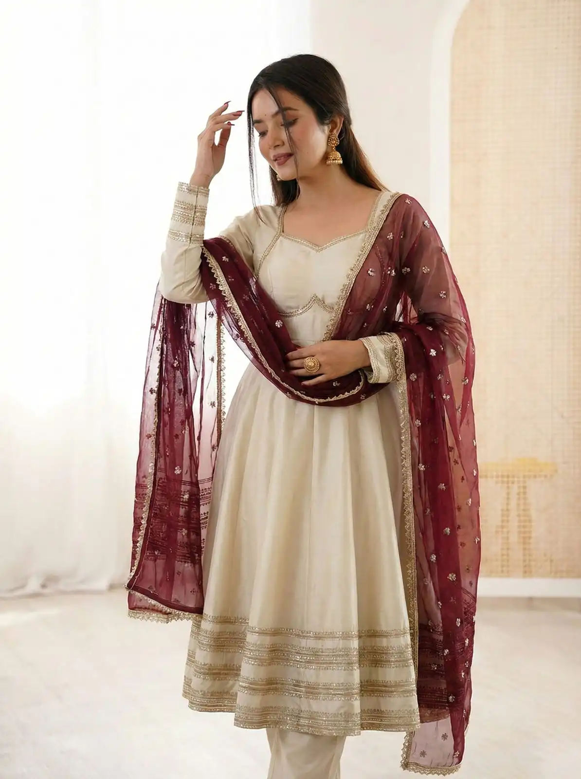 ZF 5017 Off White Cosmos Gold Gown with Embroidery Work & Lace Work. Get it for ₹2099. Delivery 4-6 Working Days. Shop now. | Bollywood Gowns, Creative Gowns, Designer Gowns, Embroidered Gowns, Gowns, Party Wear Gowns