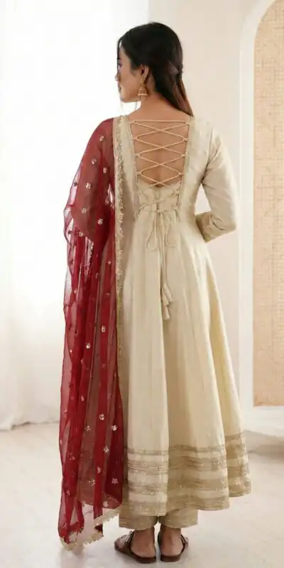 ZF 5017 Off White Cosmos Gold Gown with Embroidery Work & Lace Work. Get it for ₹2099. Delivery 4-6 Working Days. Shop now. | Bollywood Gowns, Creative Gowns, Designer Gowns, Embroidered Gowns, Gowns, Party Wear Gowns