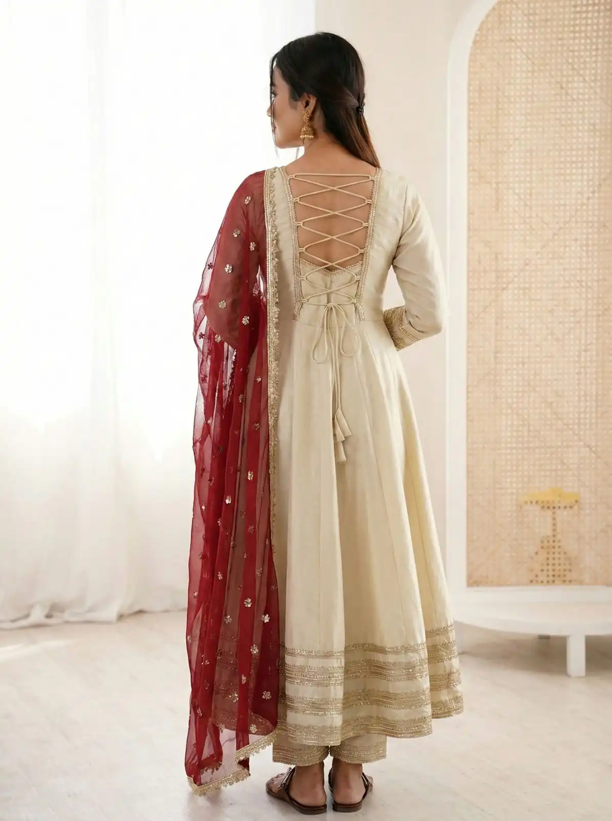 ZF 5017 Off White Cosmos Gold Gown with Embroidery Work & Lace Work. Get it for ₹2099. Delivery 4-6 Working Days. Shop now. | Bollywood Gowns, Creative Gowns, Designer Gowns, Embroidered Gowns, Gowns, Party Wear Gowns