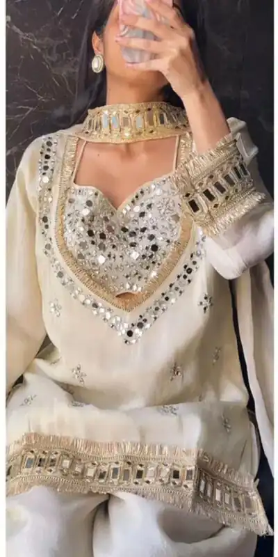 SRK 5326 Off White Fendy Silk Salwar Suit with Mirror Work & Lace Work. Affordable Price ₹2399. Delivery 4-6 Working Days. Shop now. | Jump Suits, Straight Suits, Casual Suits, Creative suits, Designer Suits, Palazzo Suits, Party Wear Suits, Patiala Suits, Salwar suit
