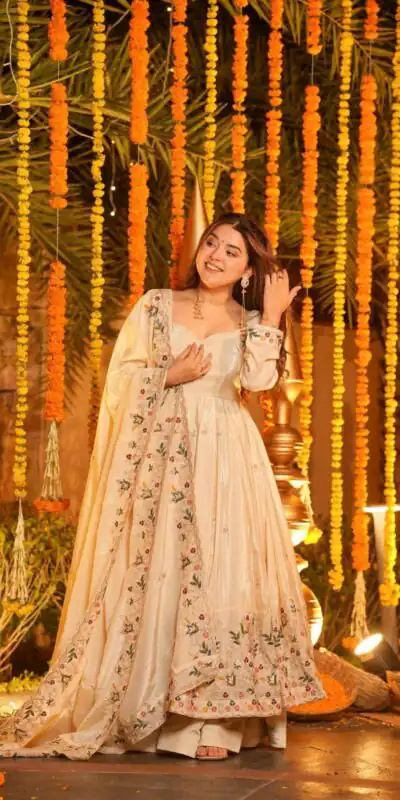 NF 1264 Off White Natural Crap Silk Anarkali Suit with Embroidery Work. Available at ₹3049 only. Delivery 4-6 Working Days. Shop now. | Anarkali Suits, Bollywood Anarkali, Creative-Anarkali, Designer Anarkali, Embroidered Anarkali, Party Wear Anarkali