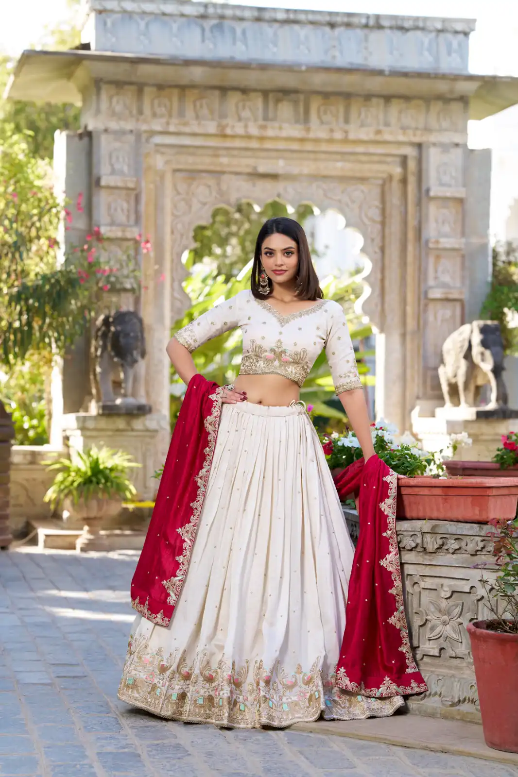 LNB 1411 Off White Vichitra Silk Lehenga Choli Perfect for Wedding, Party, Festival Celebrations, Ethnic Day, Durga Puja – . Available at ₹3499 on | Bollywood Lehenga, Creative Lehenga, Designer Lehenga, Embroidered Lehenga, Lehenga, Party Wear Lehenga