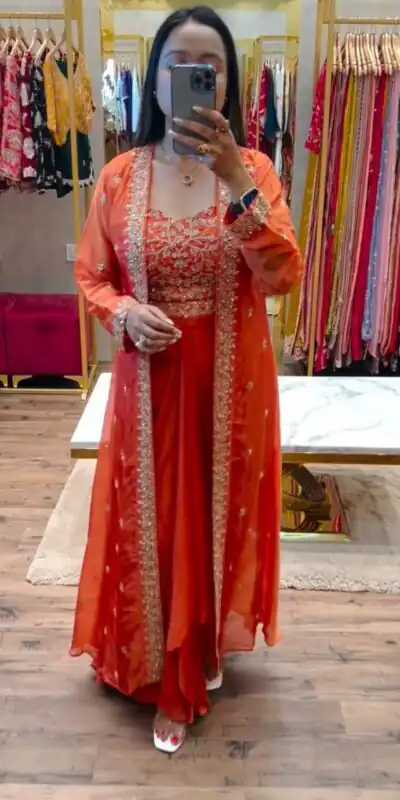 BB 56 Orange Chinon Silk Dhoti Suit with Embroidery Work & Sequins Work. Grab it for ₹1899. Delivery 4-6 Working Days. Shop now. | Jump Suits, Straight Suits, Casual Suits, Creative suits, Designer Suits, Palazzo Suits, Party Wear Suits, Patiala Suits, Salwar suit