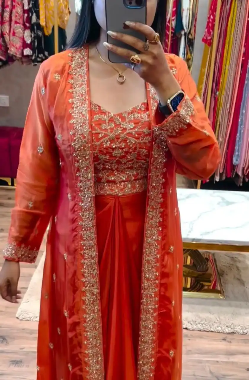 BB 56 Orange Chinon Silk Dhoti Suit with Embroidery Work & Sequins Work. Grab it for ₹1899. Delivery 4-6 Working Days. Shop now. | Jump Suits, Straight Suits, Casual Suits, Creative suits, Designer Suits, Palazzo Suits, Party Wear Suits, Patiala Suits, Salwar suit