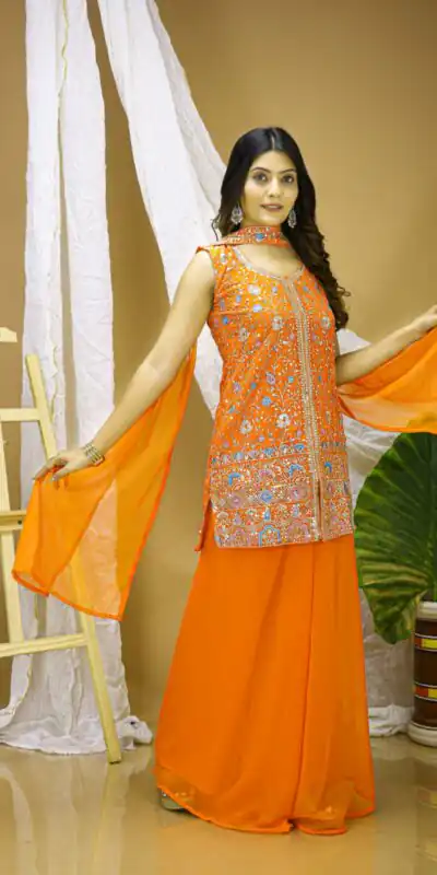 FE 124 Orange Color Georgette Salwar Suit with Embroidery Work. Introductory Price ₹1999. Delivery 4-6 Working Days. Shop now. | Jump Suits, Straight Suits, Casual Suits, Creative suits, Designer Suits, Palazzo Suits, Party Wear Suits, Patiala Suits, Salwar suit