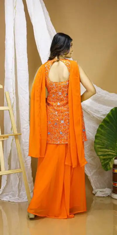 FE 124 Orange Color Georgette Salwar Suit with Embroidery Work. Introductory Price ₹1999. Delivery 4-6 Working Days. Shop now. | Jump Suits, Straight Suits, Casual Suits, Creative suits, Designer Suits, Palazzo Suits, Party Wear Suits, Patiala Suits, Salwar suit