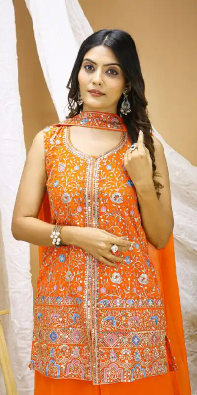 FE 124 Orange Color Georgette Salwar Suit with Embroidery Work. Introductory Price ₹1999. Delivery 4-6 Working Days. Shop now. | Jump Suits, Straight Suits, Casual Suits, Creative suits, Designer Suits, Palazzo Suits, Party Wear Suits, Patiala Suits, Salwar suit