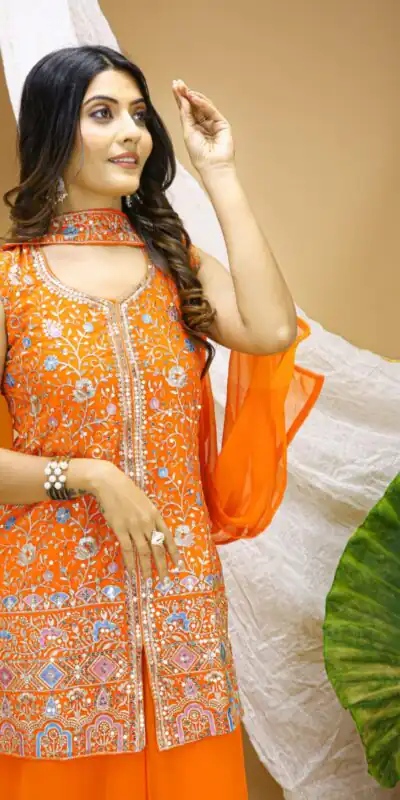 FE 124 Orange Color Georgette Salwar Suit with Embroidery Work. Introductory Price ₹1999. Delivery 4-6 Working Days. Shop now. | Jump Suits, Straight Suits, Casual Suits, Creative suits, Designer Suits, Palazzo Suits, Party Wear Suits, Patiala Suits, Salwar suit