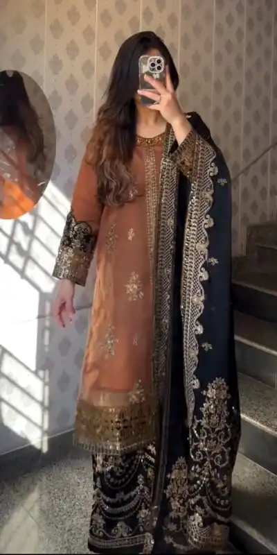 ST 1161 Orange Nylon Twil Net Salwar Suit with Embroidery Work. Available at ₹2149 only. Delivery 4-6 Working Days. Shop now. | Jump Suits, Straight Suits, Casual Suits, Creative suits, Designer Suits, Palazzo Suits, Party Wear Suits, Patiala Suits, Salwar suit