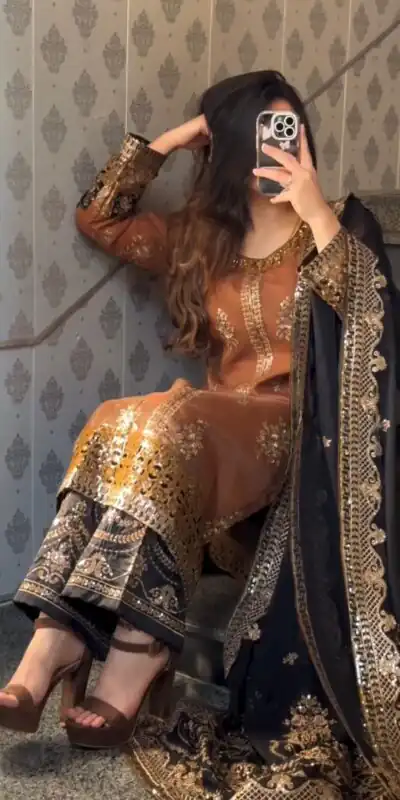 ST 1161 Orange Nylon Twil Net Salwar Suit with Embroidery Work. Available at ₹2149 only. Delivery 4-6 Working Days. Shop now. | Jump Suits, Straight Suits, Casual Suits, Creative suits, Designer Suits, Palazzo Suits, Party Wear Suits, Patiala Suits, Salwar suit