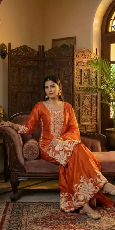 BE 442 Orange Organza Silk Salwar Suit with Embroidery Work & Cowrie Work. Grab it for ₹2049. Delivery 4-6 Working Days. Shop now. | Jump Suits, Straight Suits, Casual Suits, Creative suits, Designer Suits, Palazzo Suits, Party Wear Suits, Patiala Suits, Salwar suit