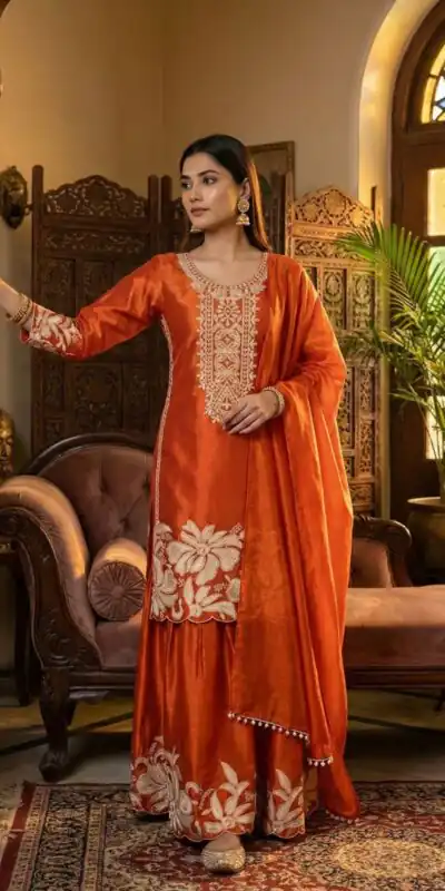 BE 442 Orange Organza Silk Salwar Suit with Embroidery Work & Cowrie Work. Grab it for ₹2049. Delivery 4-6 Working Days. Shop now. | Jump Suits, Straight Suits, Casual Suits, Creative suits, Designer Suits, Palazzo Suits, Party Wear Suits, Patiala Suits, Salwar suit