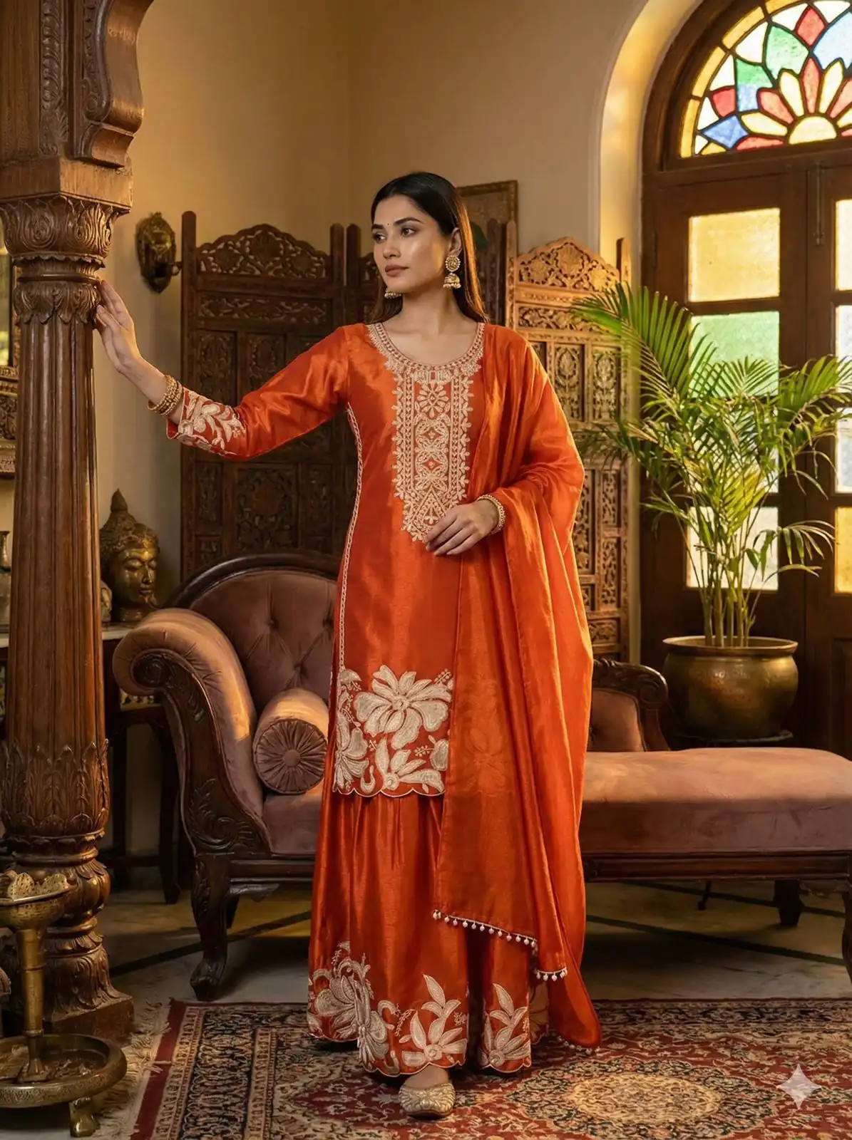BE 442 Orange Organza Silk Salwar Suit with Embroidery Work & Cowrie Work. Grab it for ₹2049. Delivery 4-6 Working Days. Shop now. | Jump Suits, Straight Suits, Casual Suits, Creative suits, Designer Suits, Palazzo Suits, Party Wear Suits, Patiala Suits, Salwar suit