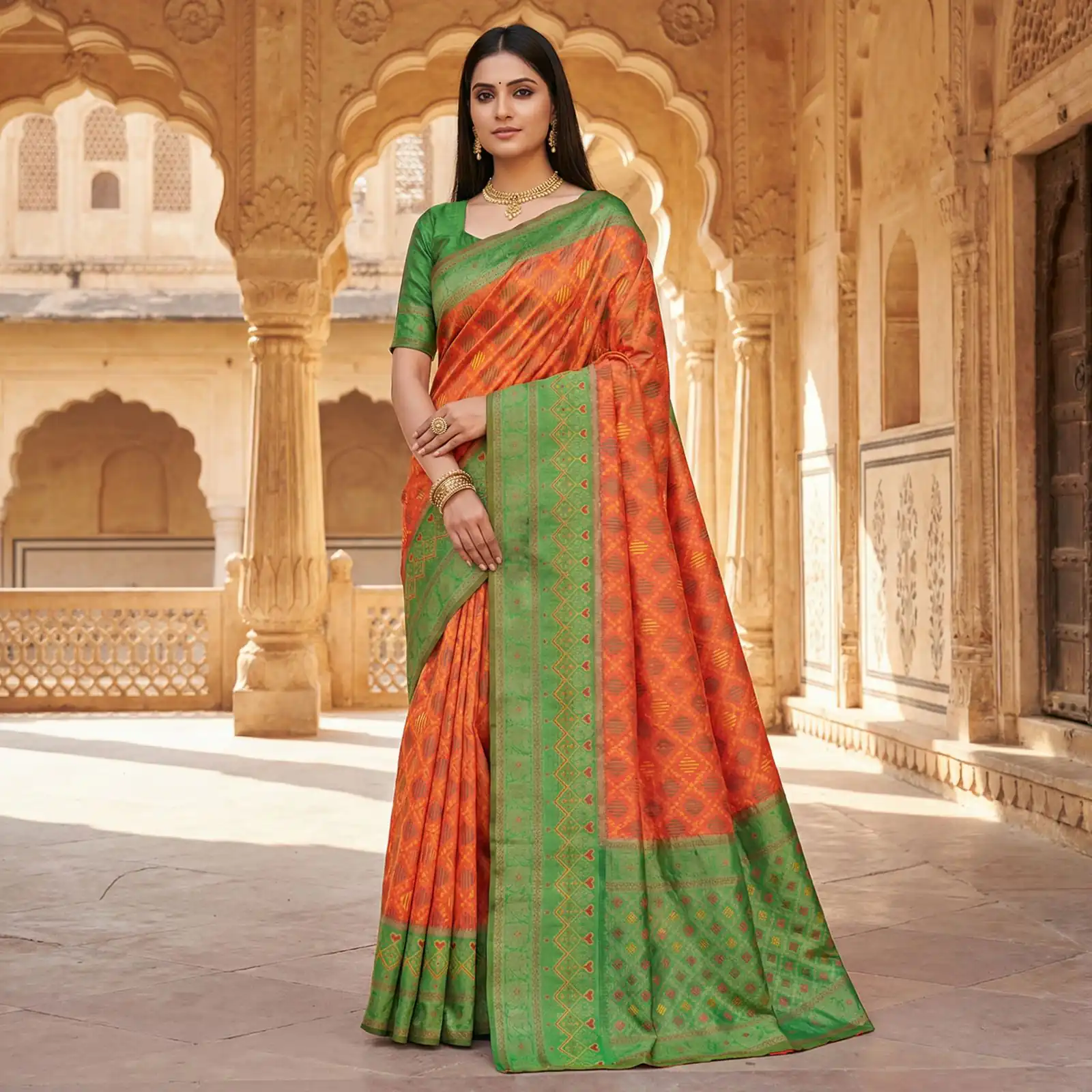 MB 6088 Orange Color Lace Work & Zari Work Sareein Pochampalli Silk. Best Price ₹2049. Delivery 4-6 Working Days. Shop now. | Bollywood Sarees, Creative Sarees, Designer Sarees, Embroidered Sarees, Ethnic Saree, Modern Digital sarees, Party Wear Sarees, Sarees