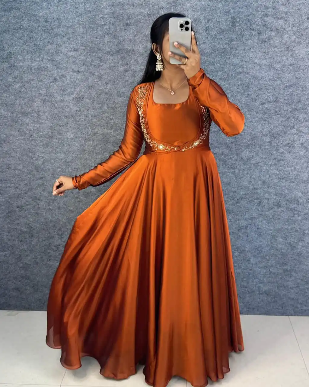 MF 888 Orange Rangoli Silk Gown with Lace Border & Lace Work. Available at ₹1649 only. Delivery 4-6 Working Days. Shop now. | Bollywood Gowns, Creative Gowns, Designer Gowns, Embroidered Gowns, Gowns, Party Wear Gowns