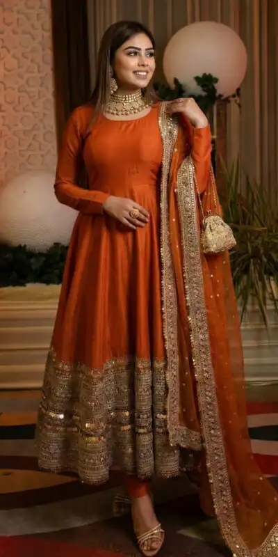 ZSR 3152 Orange Color Roman silk Gown with Embroidery Work & Lace Work. Grab it for ₹2599. Delivery 4-6 Working Days. Shop now. | Bollywood Gowns, Creative Gowns, Designer Gowns, Embroidered Gowns, Gowns, Party Wear Gowns