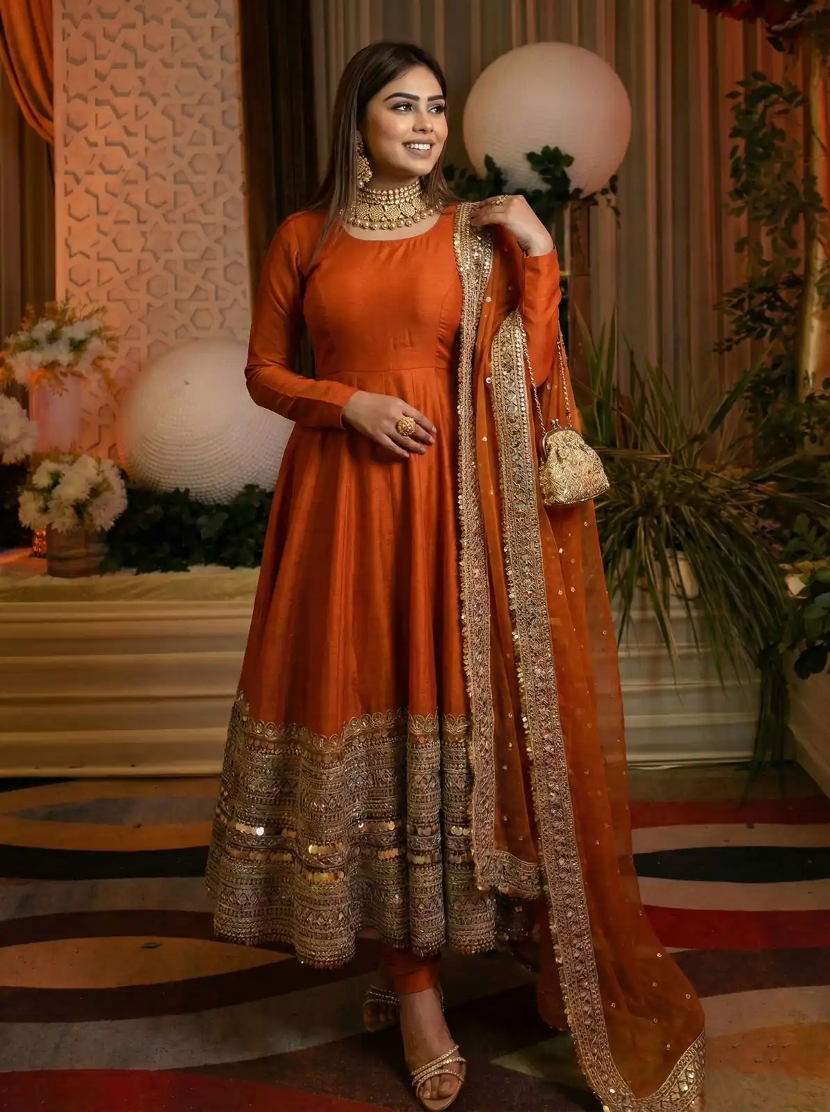 ZSR 3152 Orange Color Roman silk Gown with Embroidery Work & Lace Work. Grab it for ₹2599. Delivery 4-6 Working Days. Shop now. | Bollywood Gowns, Creative Gowns, Designer Gowns, Embroidered Gowns, Gowns, Party Wear Gowns
