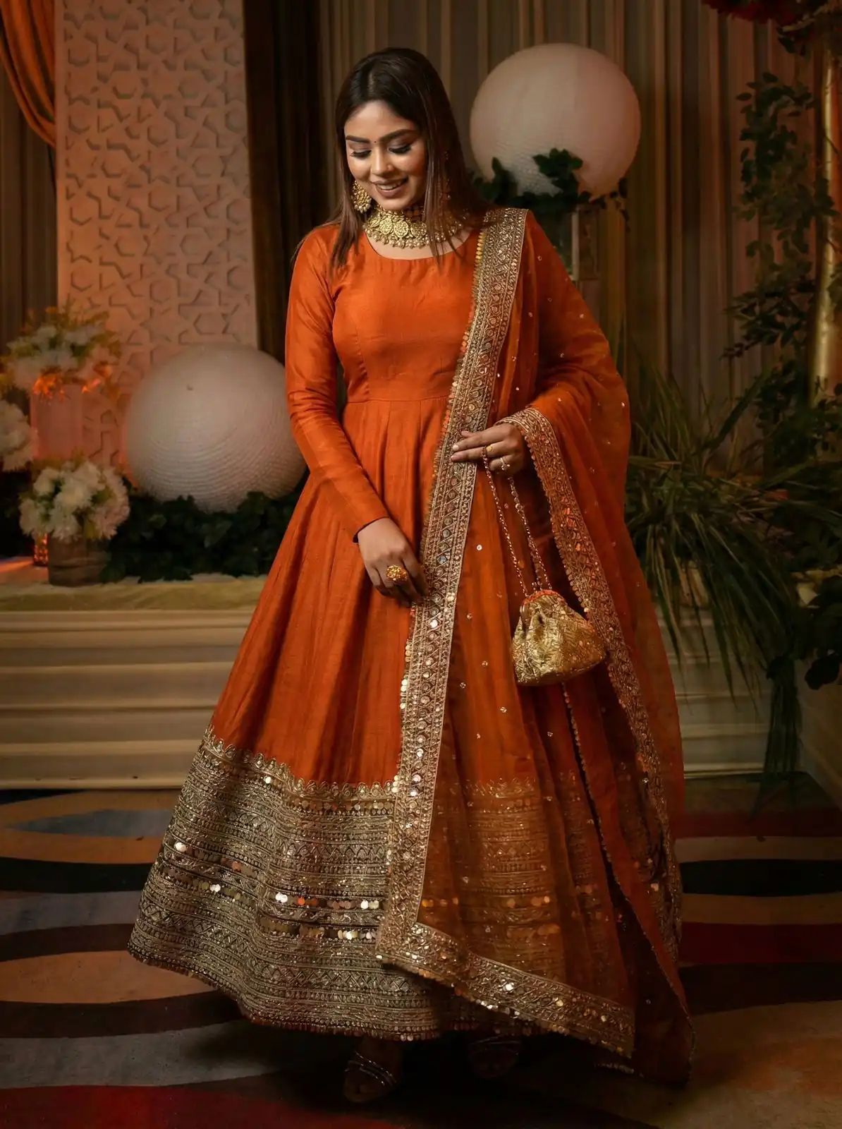 ZSR 3152 Orange Color Roman silk Gown with Embroidery Work & Lace Work. Grab it for ₹2599. Delivery 4-6 Working Days. Shop now. | Bollywood Gowns, Creative Gowns, Designer Gowns, Embroidered Gowns, Gowns, Party Wear Gowns