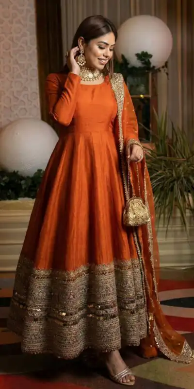 ZSR 3152 Orange Color Roman silk Gown with Embroidery Work & Lace Work. Grab it for ₹2599. Delivery 4-6 Working Days. Shop now. | Bollywood Gowns, Creative Gowns, Designer Gowns, Embroidered Gowns, Gowns, Party Wear Gowns