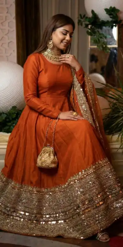 ZSR 3152 Orange Color Roman silk Gown with Embroidery Work & Lace Work. Grab it for ₹2599. Delivery 4-6 Working Days. Shop now. | Bollywood Gowns, Creative Gowns, Designer Gowns, Embroidered Gowns, Gowns, Party Wear Gowns