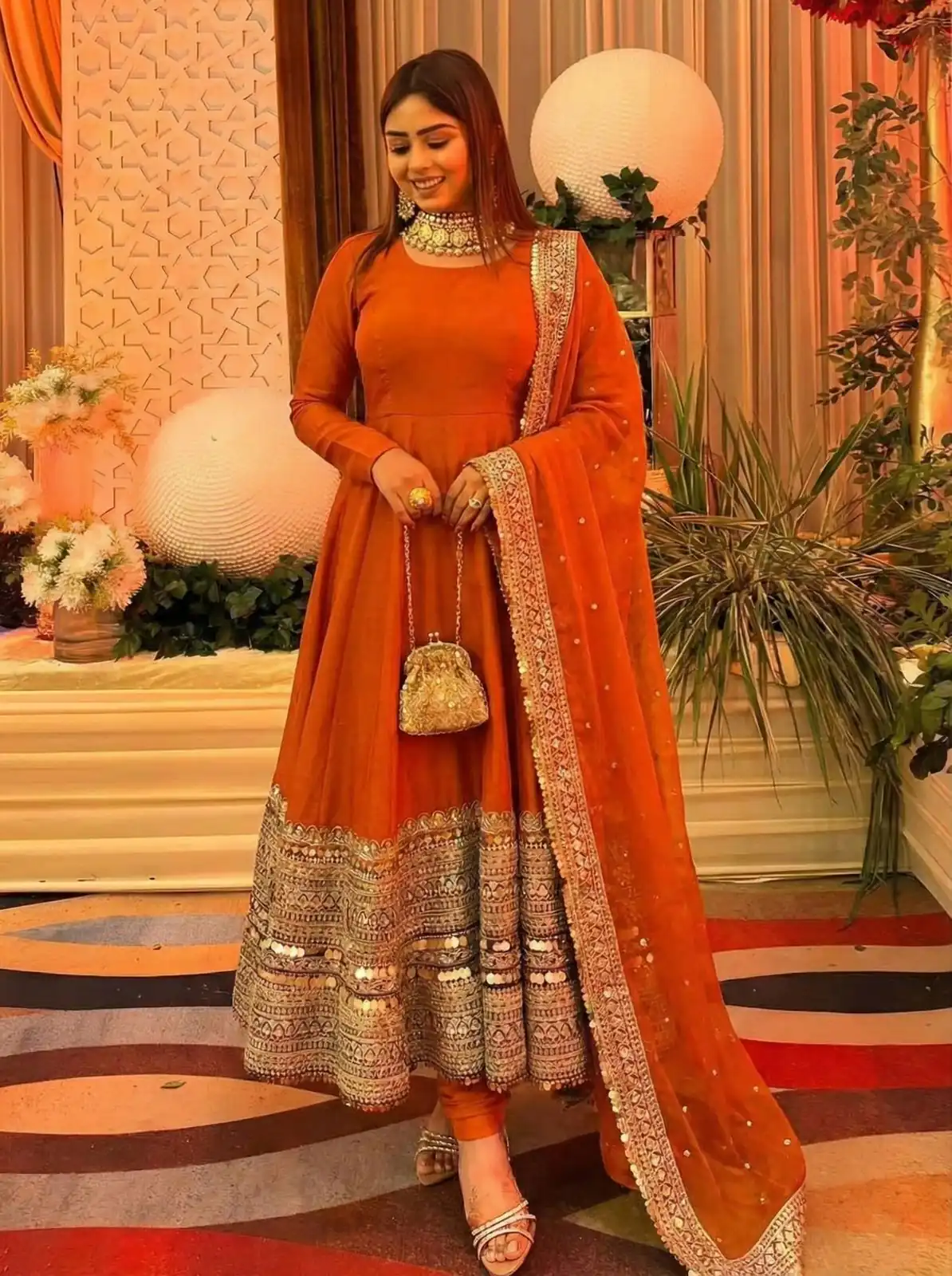 ZSR 3152 Orange Color Roman silk Gown with Embroidery Work & Lace Work. Grab it for ₹2599. Delivery 4-6 Working Days. Shop now. | Bollywood Gowns, Creative Gowns, Designer Gowns, Embroidered Gowns, Gowns, Party Wear Gowns