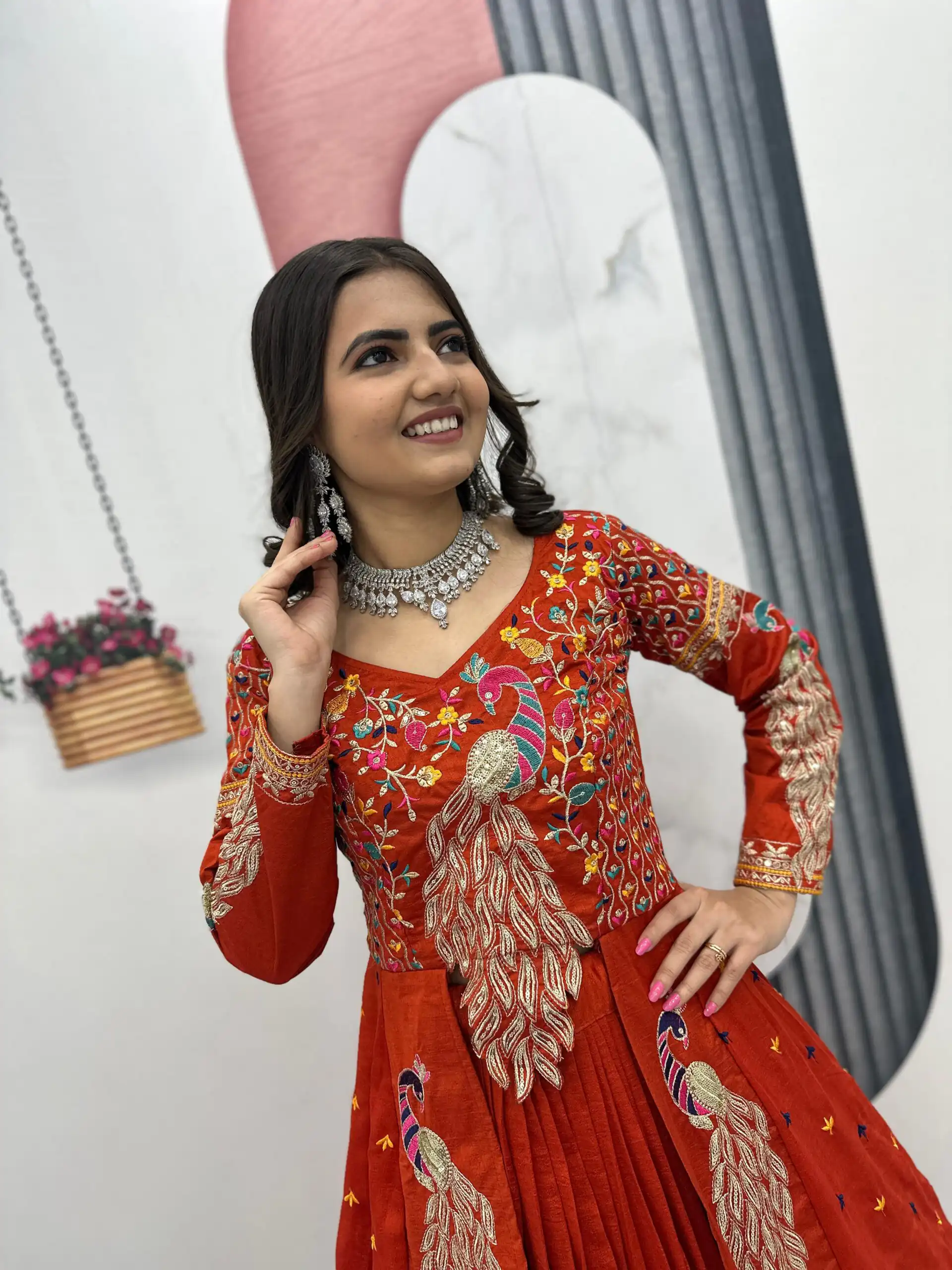 PC 528 Orange Vichitra Sequence Work Lehenga Choli Designer Work. Grab it for ₹2649. Delivery 4-6 Working Days. Shop now. | Bollywood Lehenga, Creative Lehenga, Designer Lehenga, Embroidered Lehenga, Lehenga, Party Wear Lehenga