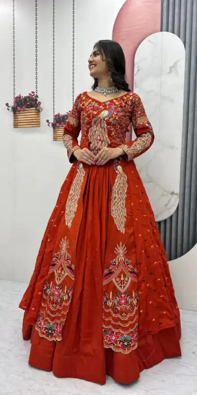 PC 528 Orange Vichitra Sequence Work Lehenga Choli Designer Work. Grab it for ₹2649. Delivery 4-6 Working Days. Shop now. | Bollywood Lehenga, Creative Lehenga, Designer Lehenga, Embroidered Lehenga, Lehenga, Party Wear Lehenga