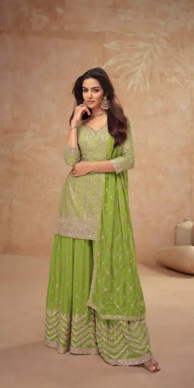 FC 7518 Parrot Green Chinon Salwar Suit Perfect for Wedding, Party, Diwali, Durga Puja, Temple Visit – . Festive Deal ₹3099. Delivery 4-6 Working Days. | Jump Suits, Straight Suits, Tops & Bottoms, Track Suits, Trendy Wear, Casual Suits, Creative suits, Designer Suits, Palazzo Suits, Party Wear Suits, Patiala Suits, Salwar suit