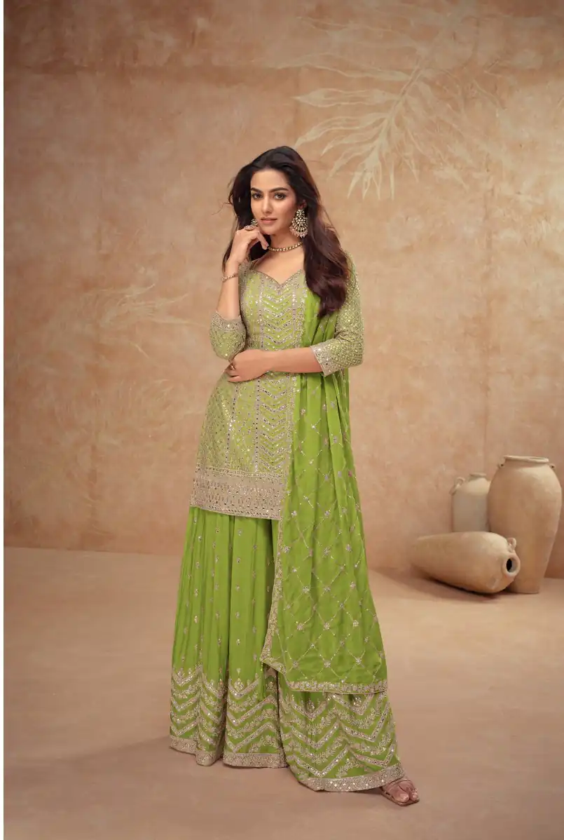 FC 7518 Parrot Green Chinon Salwar Suit Perfect for Wedding, Party, Diwali, Durga Puja, Temple Visit – . Festive Deal ₹3099. Delivery 4-6 Working Days. | Jump Suits, Straight Suits, Tops & Bottoms, Track Suits, Trendy Wear, Casual Suits, Creative suits, Designer Suits, Palazzo Suits, Party Wear Suits, Patiala Suits, Salwar suit