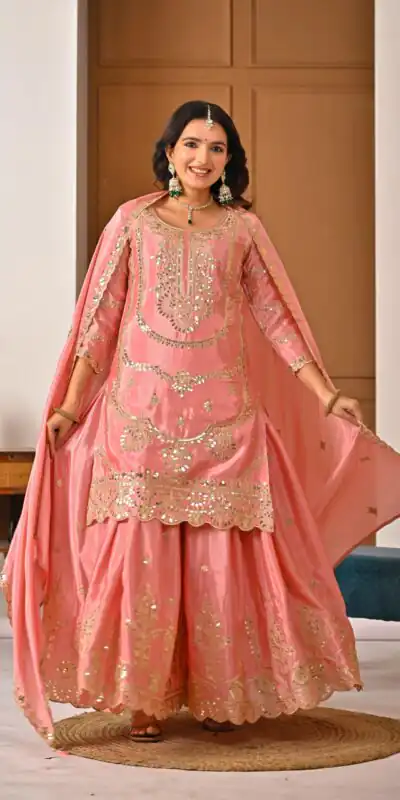 ND 5033 Peach Chinon Silk Salwar Suit with Embroidery Work & Lace Work. Affordable Price ₹2149. Delivery 4-6 Working Days. Shop now. | Jump Suits, Straight Suits, Casual Suits, Creative suits, Designer Suits, Palazzo Suits, Party Wear Suits, Patiala Suits, Salwar suit