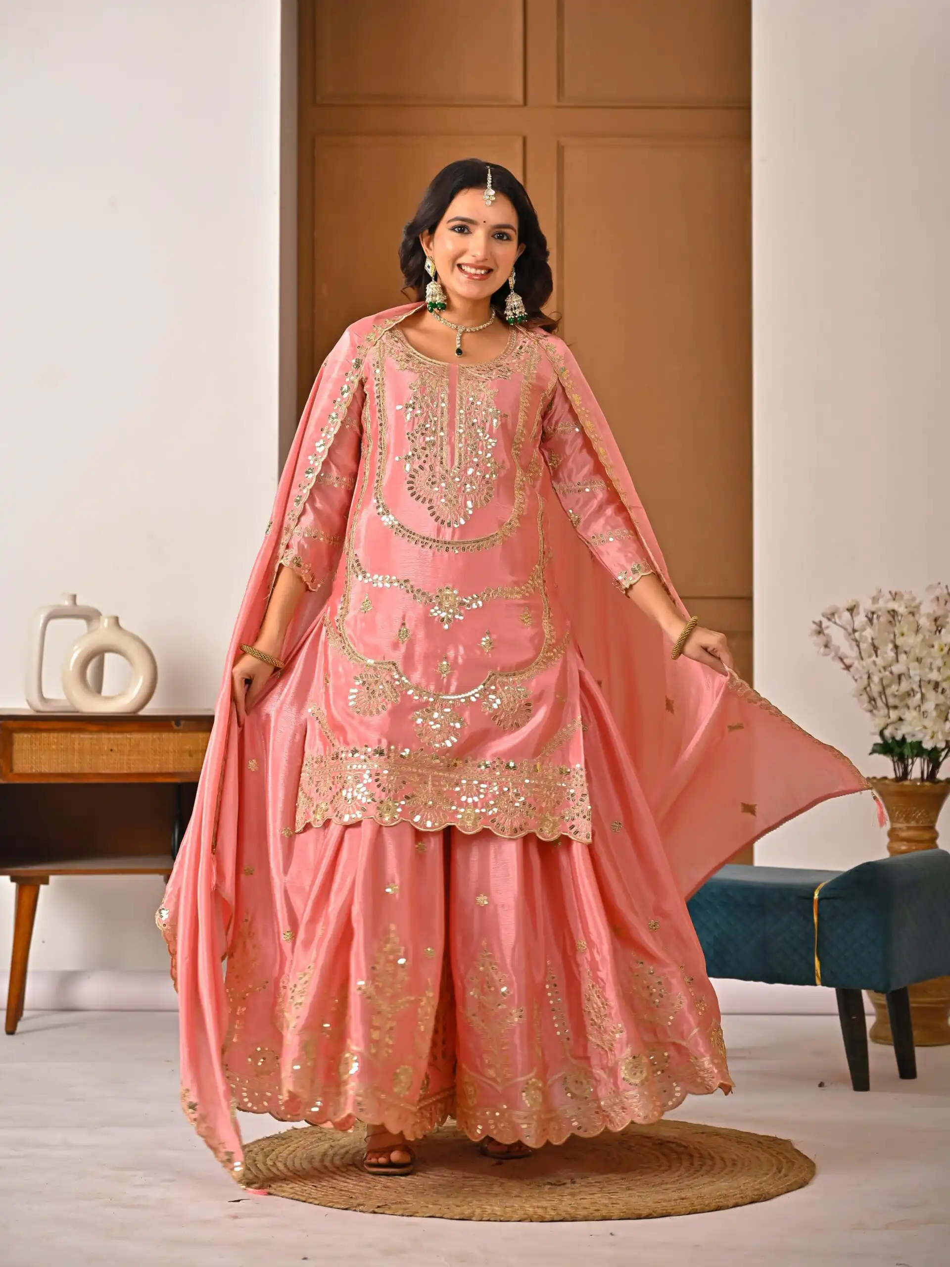 ND 5033 Peach Chinon Silk Salwar Suit with Embroidery Work & Lace Work. Affordable Price ₹2149. Delivery 4-6 Working Days. Shop now. | Jump Suits, Straight Suits, Casual Suits, Creative suits, Designer Suits, Palazzo Suits, Party Wear Suits, Patiala Suits, Salwar suit