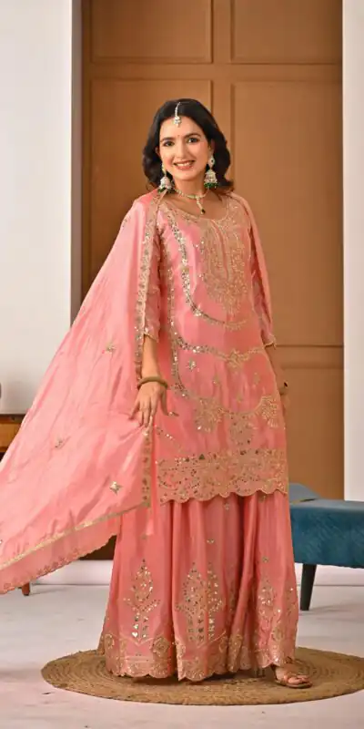 ND 5033 Peach Chinon Silk Salwar Suit with Embroidery Work & Lace Work. Affordable Price ₹2149. Delivery 4-6 Working Days. Shop now. | Jump Suits, Straight Suits, Casual Suits, Creative suits, Designer Suits, Palazzo Suits, Party Wear Suits, Patiala Suits, Salwar suit