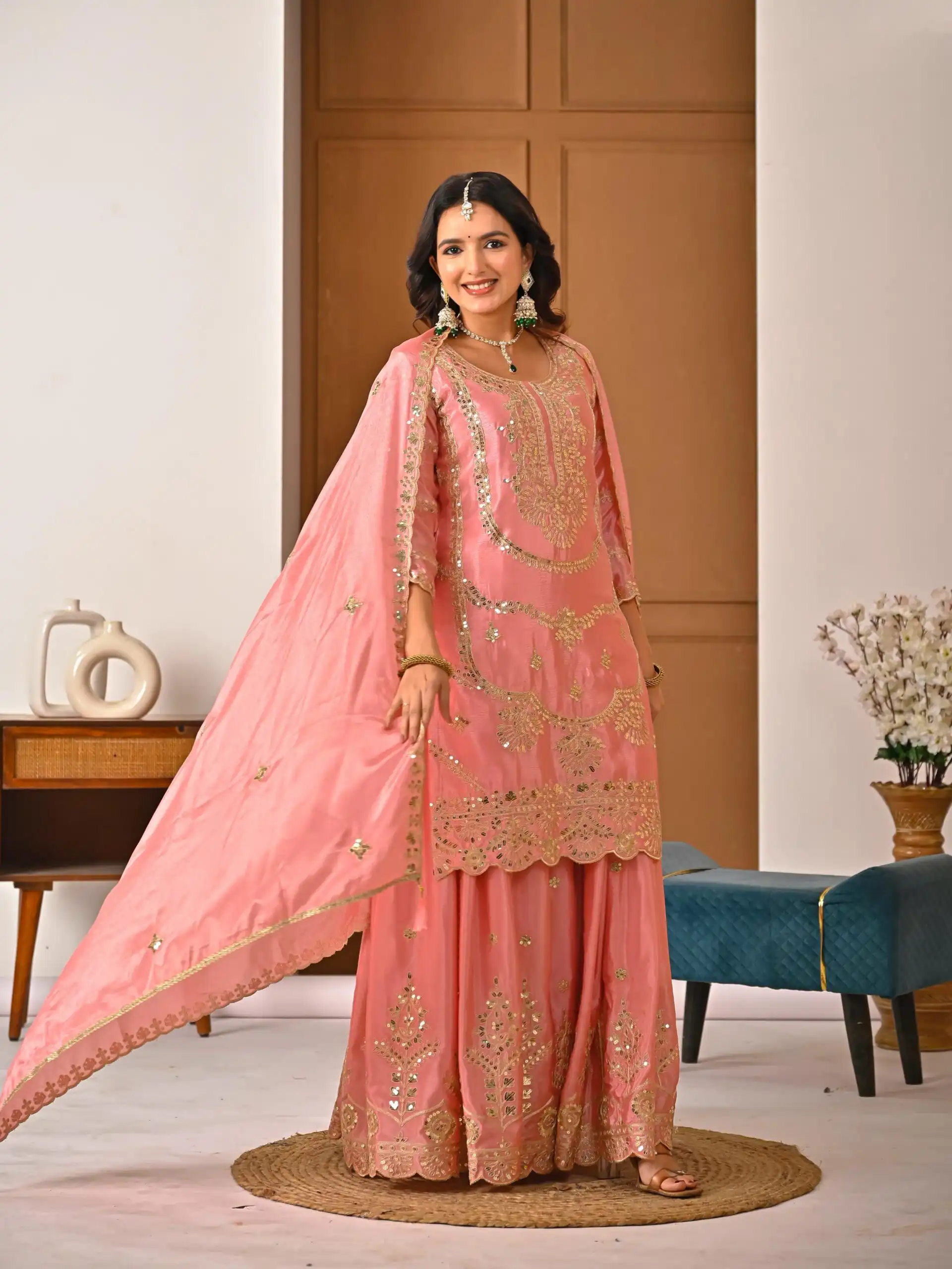 ND 5033 Peach Chinon Silk Salwar Suit with Embroidery Work & Lace Work. Affordable Price ₹2149. Delivery 4-6 Working Days. Shop now. | Jump Suits, Straight Suits, Casual Suits, Creative suits, Designer Suits, Palazzo Suits, Party Wear Suits, Patiala Suits, Salwar suit