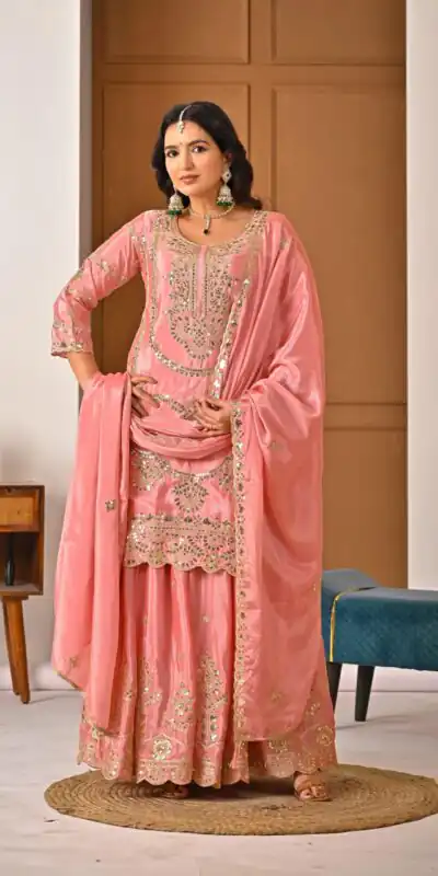 ND 5033 Peach Chinon Silk Salwar Suit with Embroidery Work & Lace Work. Affordable Price ₹2149. Delivery 4-6 Working Days. Shop now. | Jump Suits, Straight Suits, Casual Suits, Creative suits, Designer Suits, Palazzo Suits, Party Wear Suits, Patiala Suits, Salwar suit