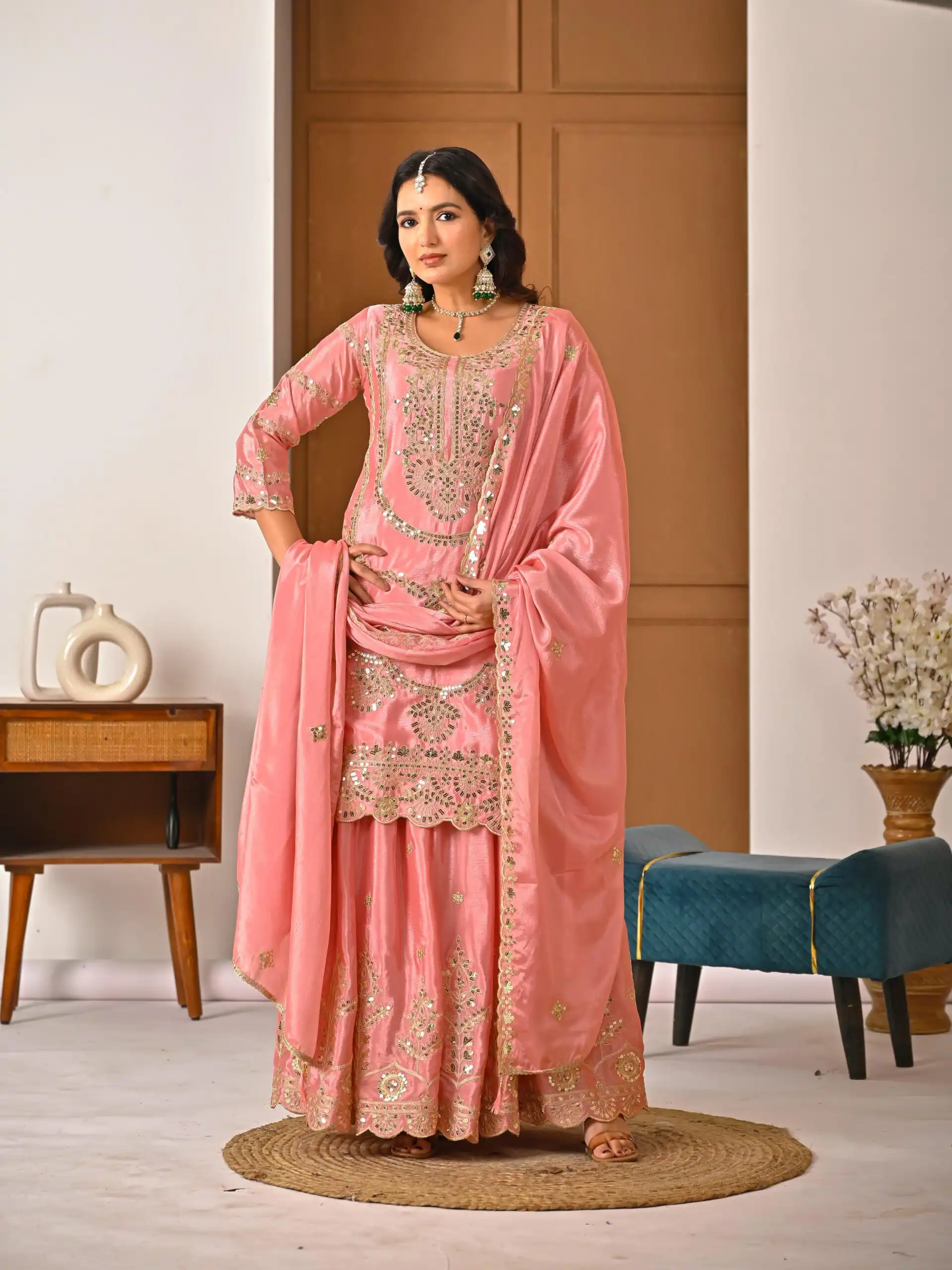 ND 5033 Peach Chinon Silk Salwar Suit with Embroidery Work & Lace Work. Affordable Price ₹2149. Delivery 4-6 Working Days. Shop now. | Jump Suits, Straight Suits, Casual Suits, Creative suits, Designer Suits, Palazzo Suits, Party Wear Suits, Patiala Suits, Salwar suit