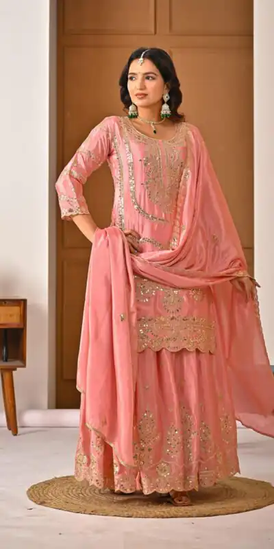 ND 5033 Peach Chinon Silk Salwar Suit with Embroidery Work & Lace Work. Affordable Price ₹2149. Delivery 4-6 Working Days. Shop now. | Jump Suits, Straight Suits, Casual Suits, Creative suits, Designer Suits, Palazzo Suits, Party Wear Suits, Patiala Suits, Salwar suit