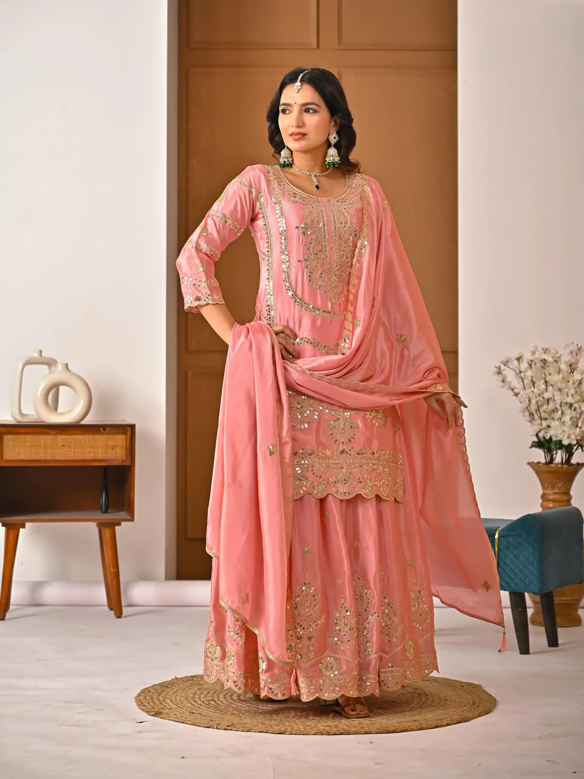 ND 5033 Peach Chinon Silk Salwar Suit with Embroidery Work & Lace Work. Affordable Price ₹2149. Delivery 4-6 Working Days. Shop now. | Jump Suits, Straight Suits, Casual Suits, Creative suits, Designer Suits, Palazzo Suits, Party Wear Suits, Patiala Suits, Salwar suit