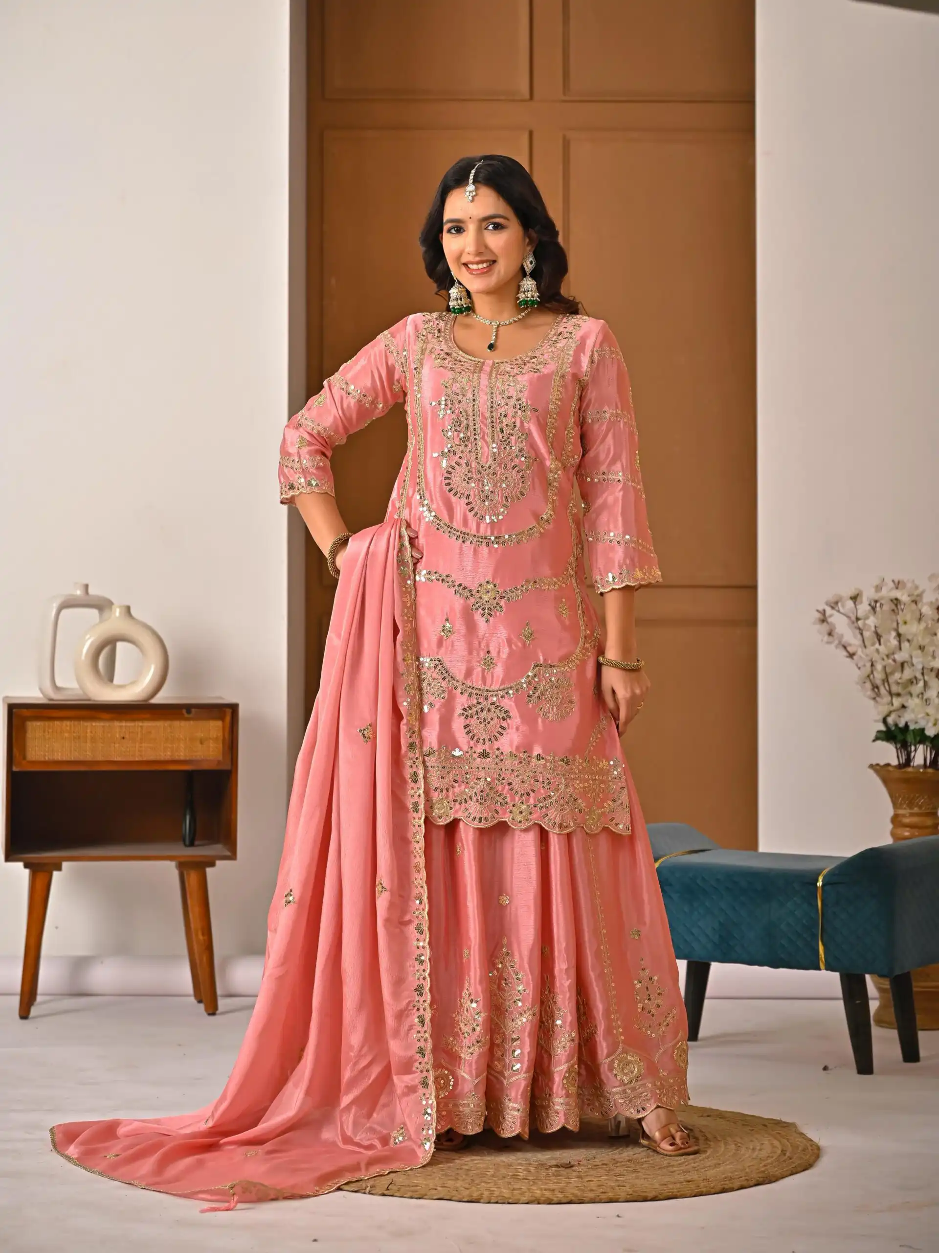 ND 5033 Peach Chinon Silk Salwar Suit with Embroidery Work & Lace Work. Affordable Price ₹2149. Delivery 4-6 Working Days. Shop now. | Jump Suits, Straight Suits, Casual Suits, Creative suits, Designer Suits, Palazzo Suits, Party Wear Suits, Patiala Suits, Salwar suit