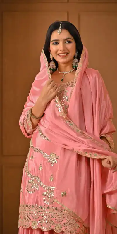 ND 5033 Peach Chinon Silk Salwar Suit with Embroidery Work & Lace Work. Affordable Price ₹2149. Delivery 4-6 Working Days. Shop now. | Jump Suits, Straight Suits, Casual Suits, Creative suits, Designer Suits, Palazzo Suits, Party Wear Suits, Patiala Suits, Salwar suit