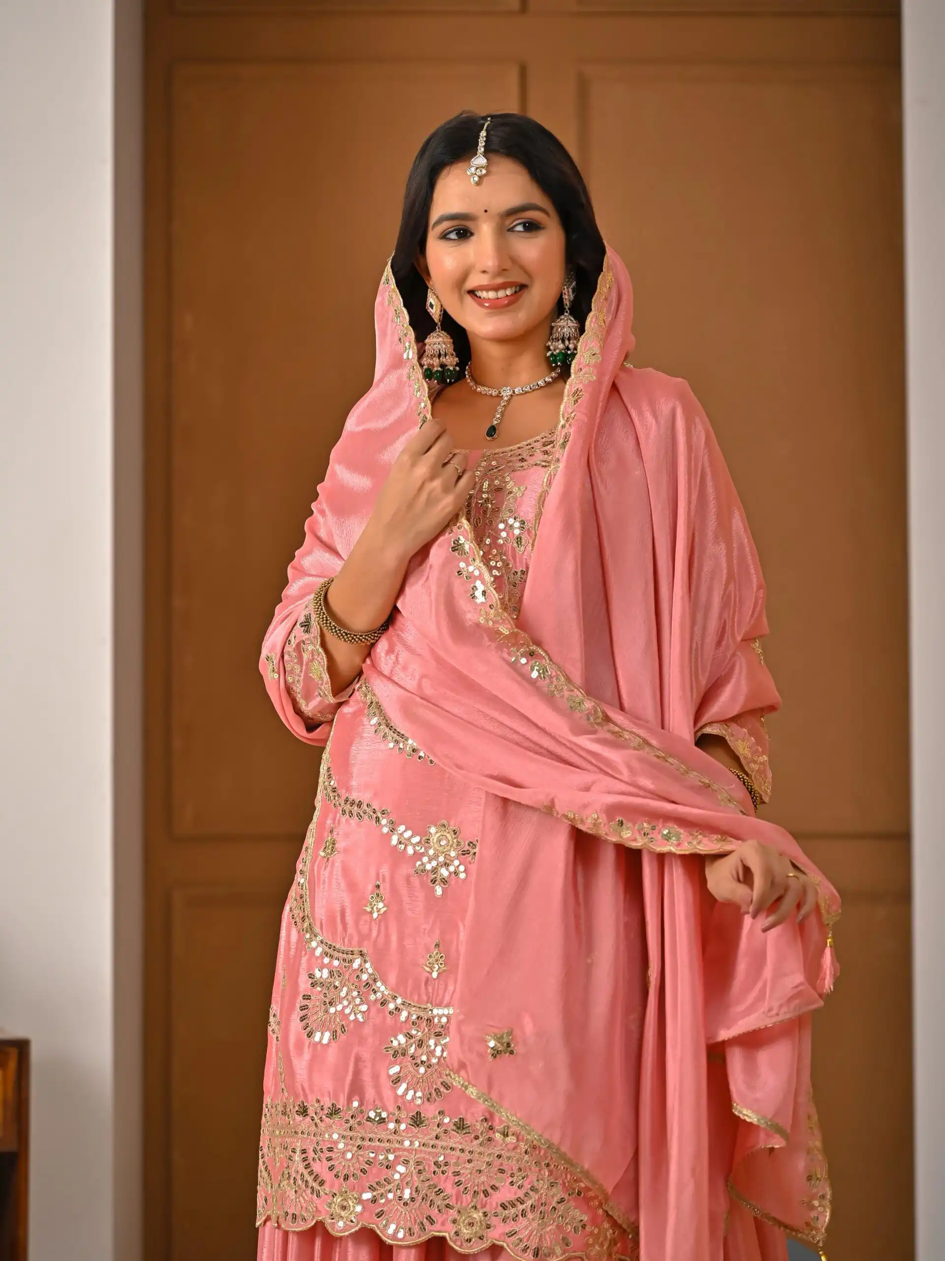 ND 5033 Peach Chinon Silk Salwar Suit with Embroidery Work & Lace Work. Affordable Price ₹2149. Delivery 4-6 Working Days. Shop now. | Jump Suits, Straight Suits, Casual Suits, Creative suits, Designer Suits, Palazzo Suits, Party Wear Suits, Patiala Suits, Salwar suit