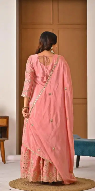 ND 5033 Peach Chinon Silk Salwar Suit with Embroidery Work & Lace Work. Affordable Price ₹2149. Delivery 4-6 Working Days. Shop now. | Jump Suits, Straight Suits, Casual Suits, Creative suits, Designer Suits, Palazzo Suits, Party Wear Suits, Patiala Suits, Salwar suit