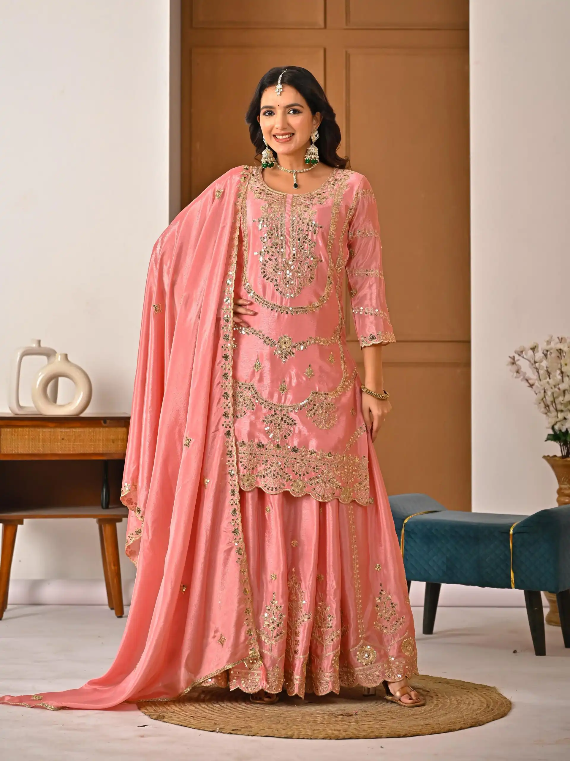 ND 5033 Peach Chinon Silk Salwar Suit with Embroidery Work & Lace Work. Affordable Price ₹2149. Delivery 4-6 Working Days. Shop now. | Jump Suits, Straight Suits, Casual Suits, Creative suits, Designer Suits, Palazzo Suits, Party Wear Suits, Patiala Suits, Salwar suit